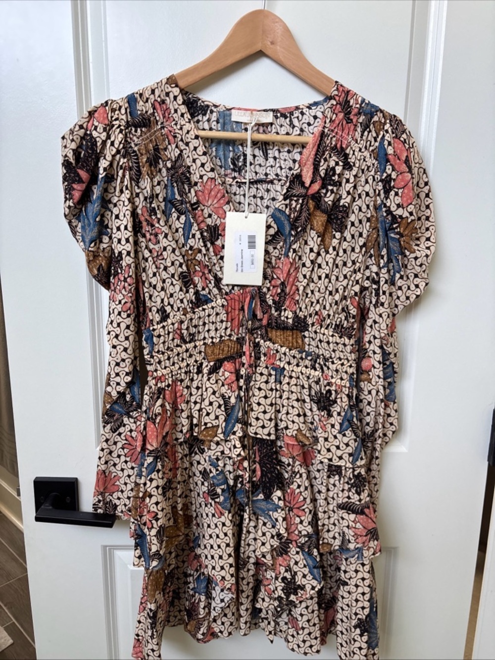 Ulla Johnson Cream Floral Smocked Tunic with Pink and Blue Accents